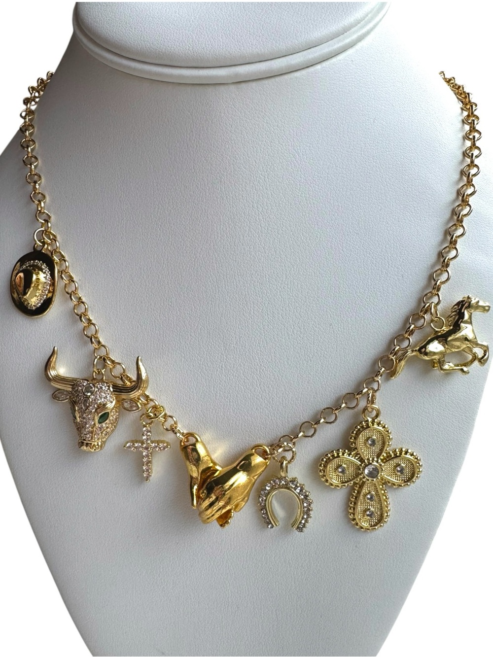 Gold-Tone Charm Necklace with Cross, Horseshoe & Animal Motif - Women Jewelry - Picture 3 of 5